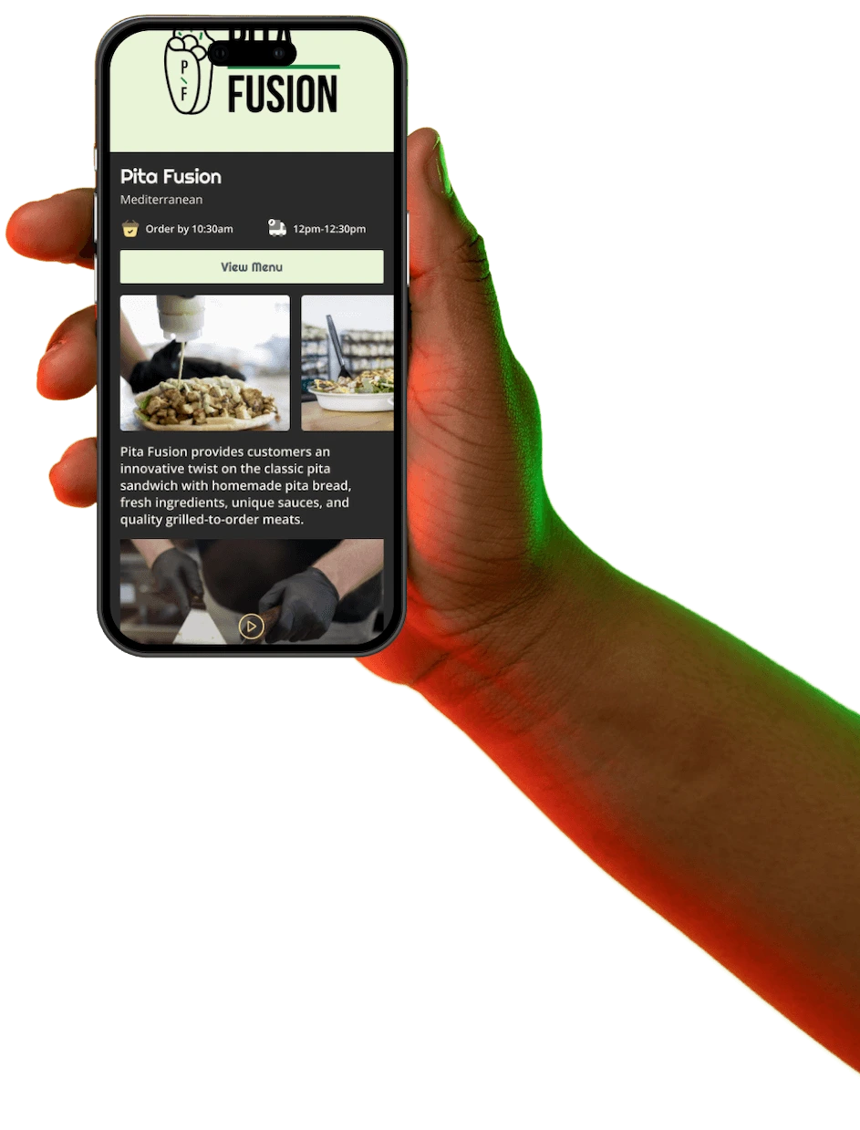 Person holding a phone displaying the Colorfull web app, featuring our restaurant partner, Pita Fusion.